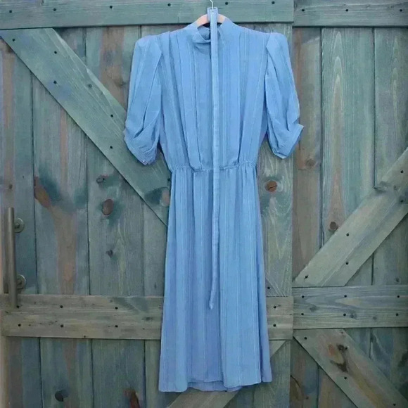 Vintage 80s Sheer Dress Blue Puffy Sleeve Pleated Size Small 4 5 6 - Picture 2 of 7